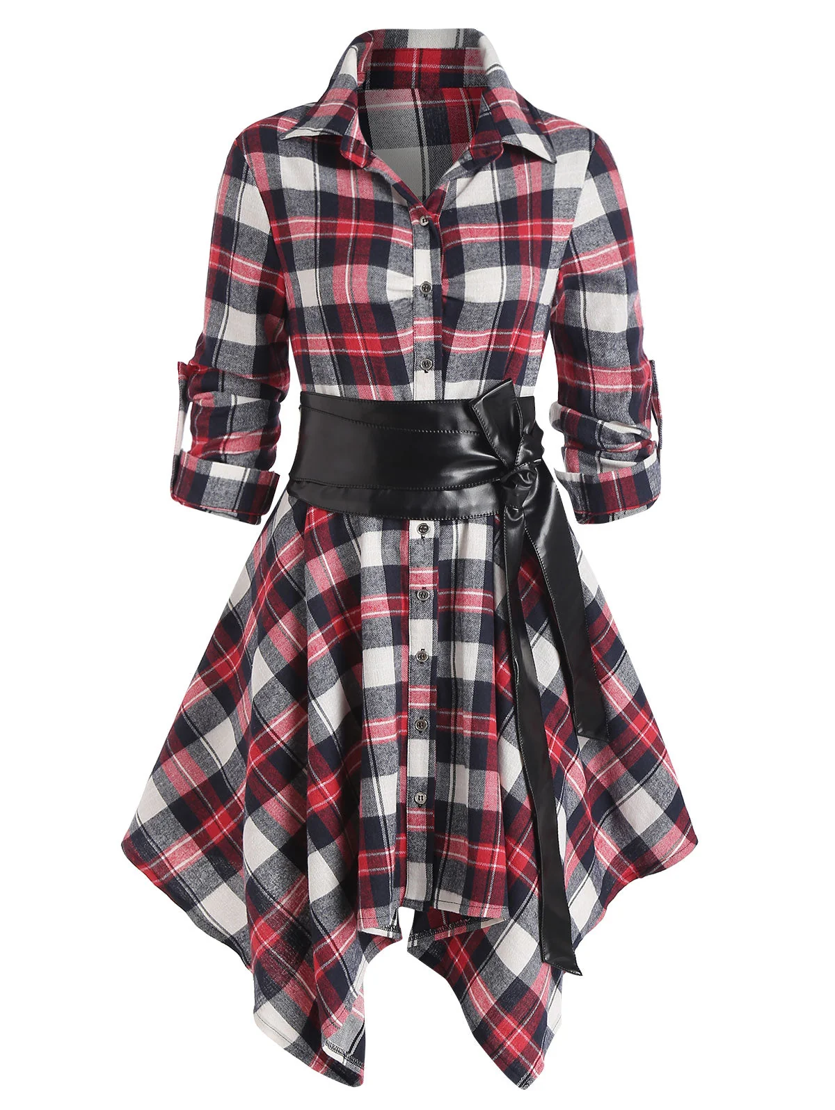 Handkerchief Dress Fashion Plaid Print Button Up Long Sleeve Shirt Dress Fall Clothes for Women Casual Short Dresses - Image 11