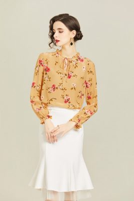 100% Silk Women's Runway Shirts Ruffled Collar Long Sleeves Lace Up Floral Printed Fashion Pullover Blouse Camisa Tops