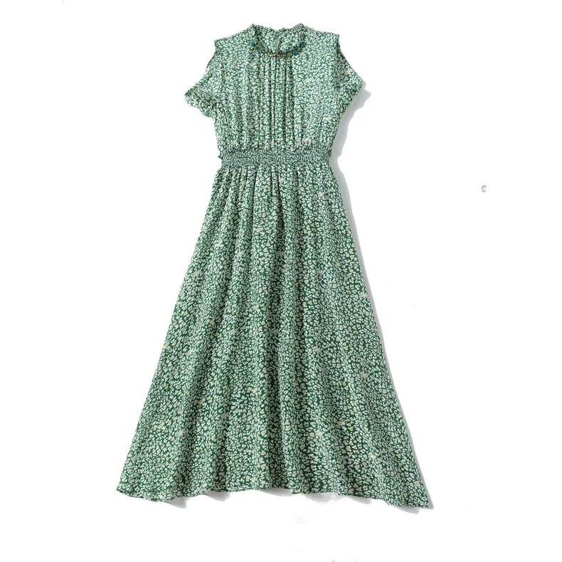 100% Silk Women's Dresses Stand Collar 3/4 Sleeves Off the Shoulder Printed Elgant Holiday Dress - Image 8