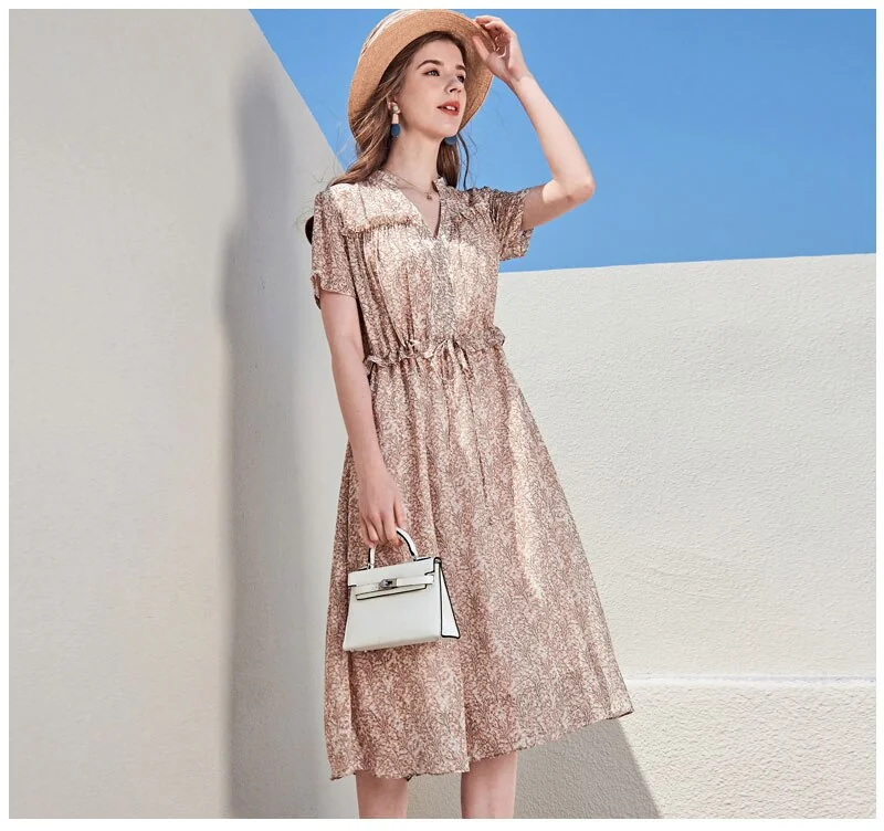 100% Silk Women's Runway Dresses Sexy V Neck Short Sleeves Printed Ruffles Fashion Casual Mid Summer Dresses - Image 8