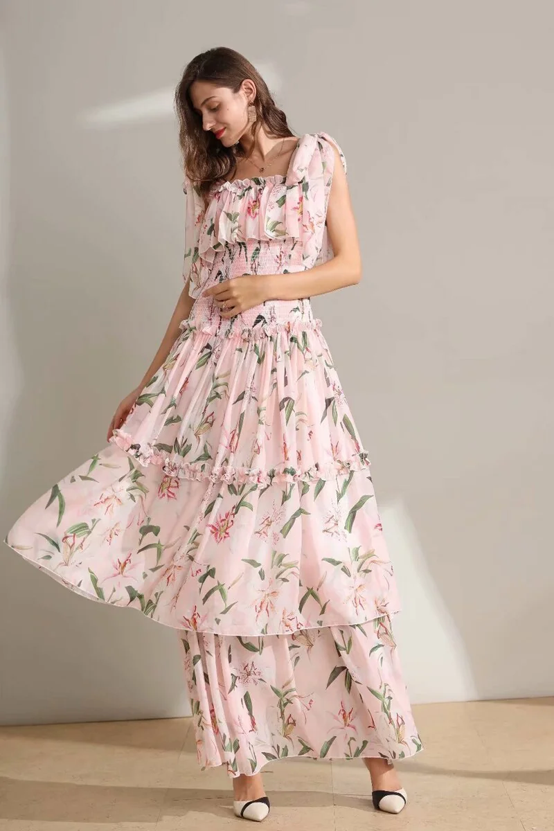 Women's Runway Dresses Spaghetti Straps Floral Printed Elastic Waist Tiered Ruffles Fashion Long Designer Dresses - Image 3