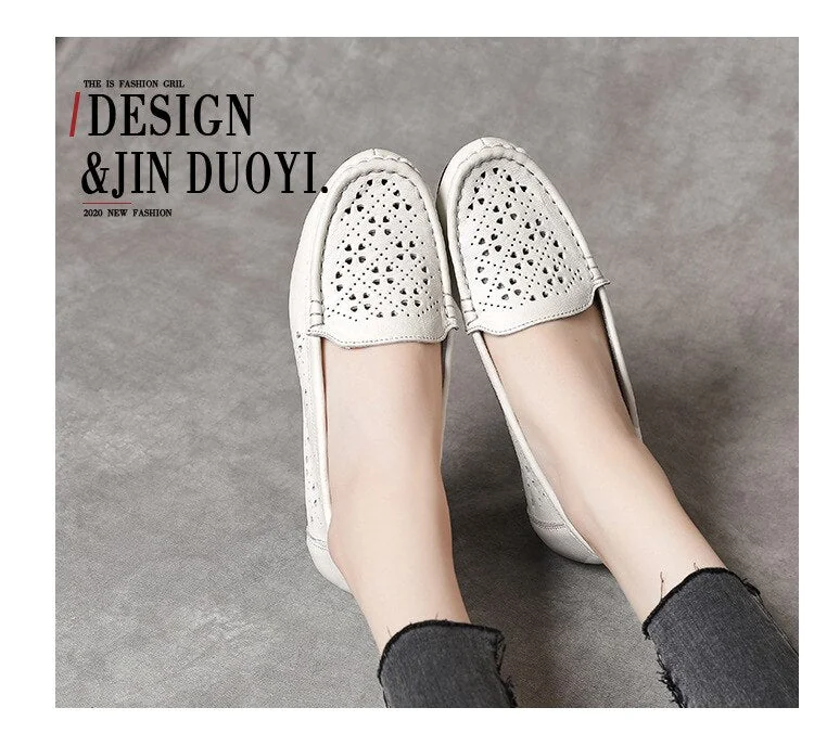 Women Flats Summer Women Genuine Leather Shoes Hollow Slip On Casual Flat Shoes Women Loafers Soft Nurse Ballerina Shoes - Image 11