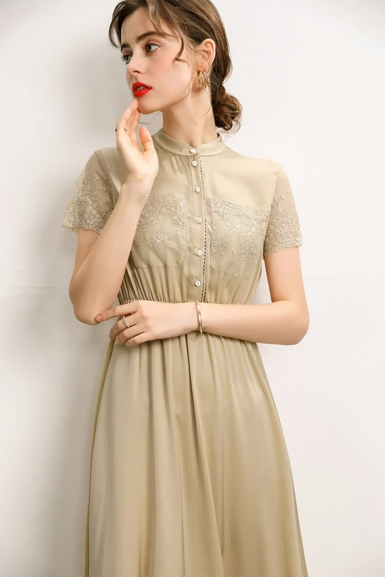 93.3% Silk 7.7% Spandex Women's Dresses O Neck Short Sleeves Embroidery Elastic Waist Elegant Summer Dress Vestidos - Image 2