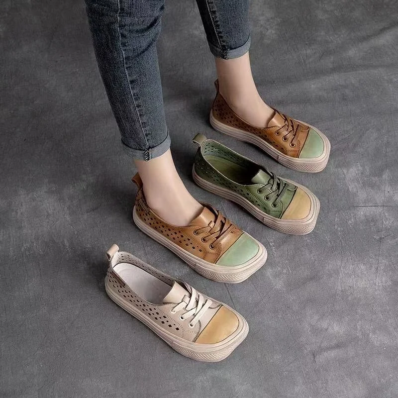 Women Sneakers Genuine Leather Lace-Up Hollow Handmade Platform Shoes - Image 6