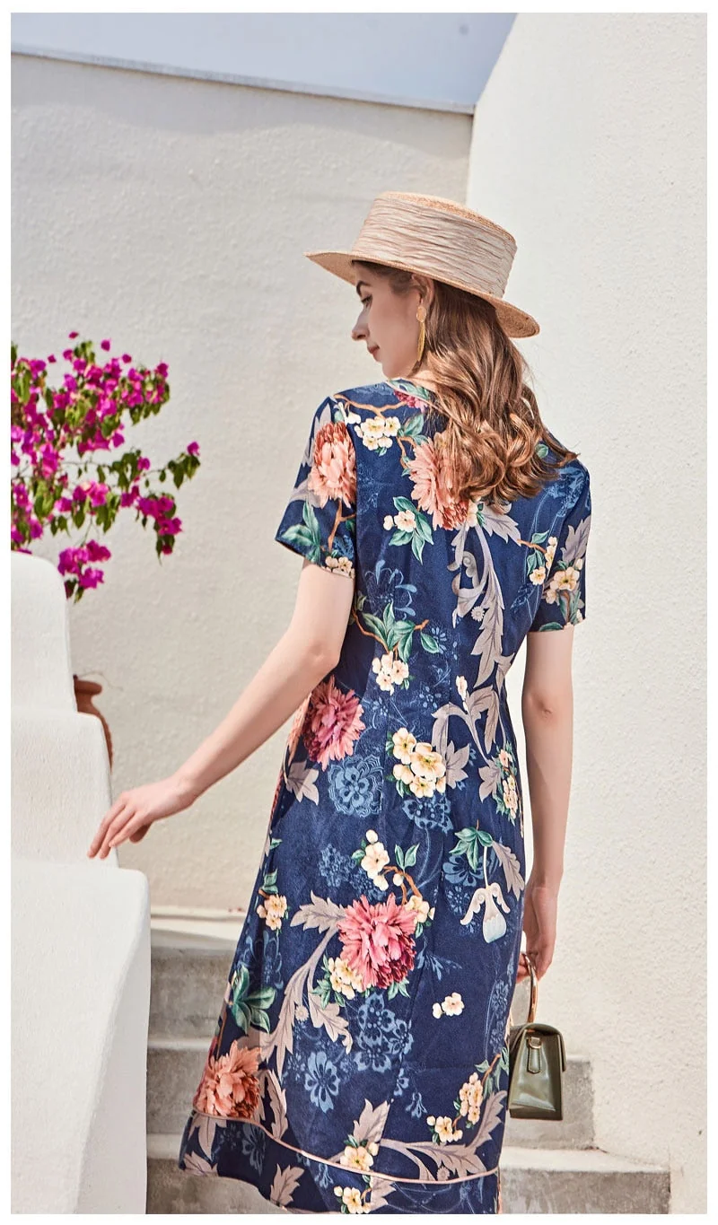 100% Silk Women's Runway Dresses O Neck Short Sleeves Floral Printed Fashion Short Summer Dresses - Image 8