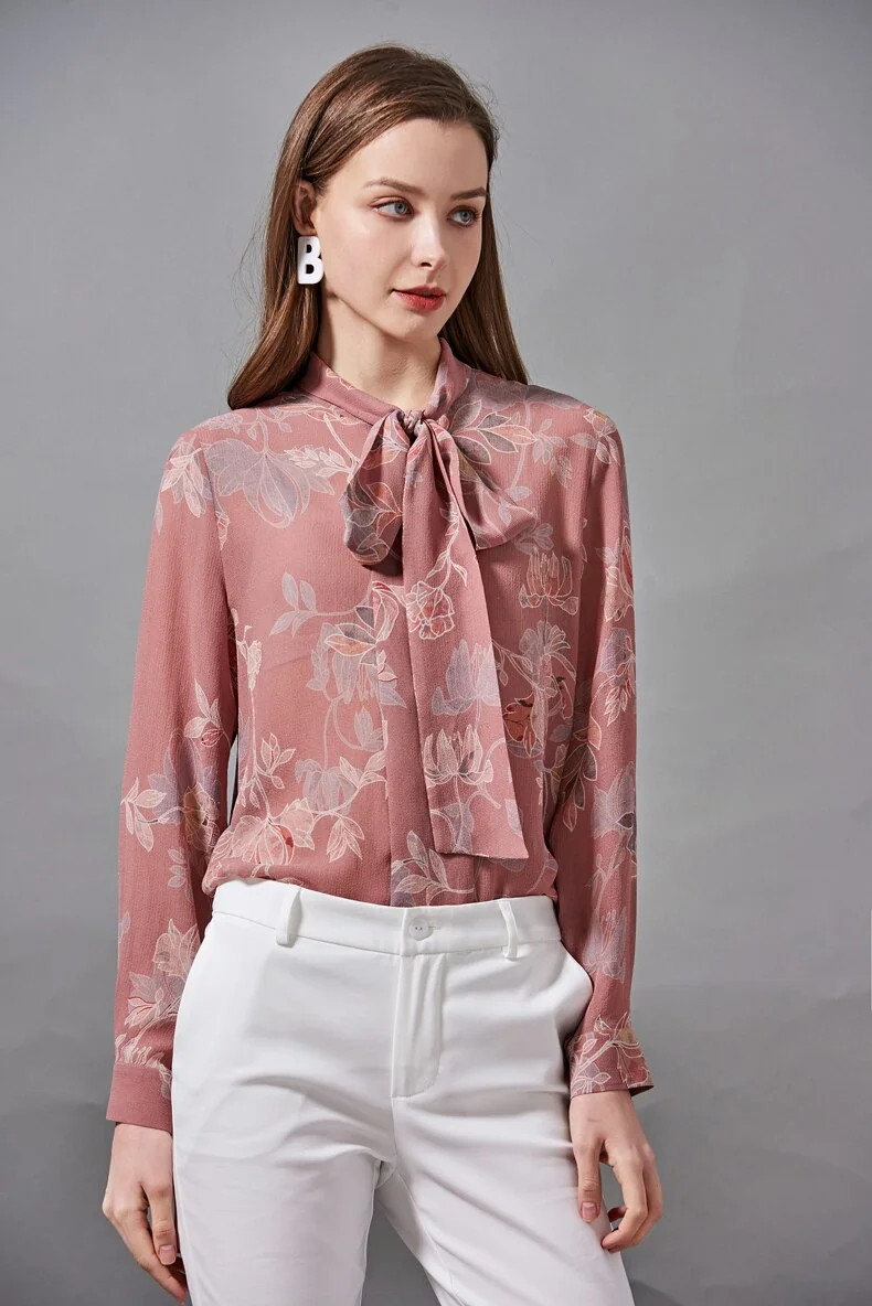 100% Silk Women's Shirt Bow Collar Long Sleeves Floral Printed Fashion Blouse Camisa Tops - Image 3