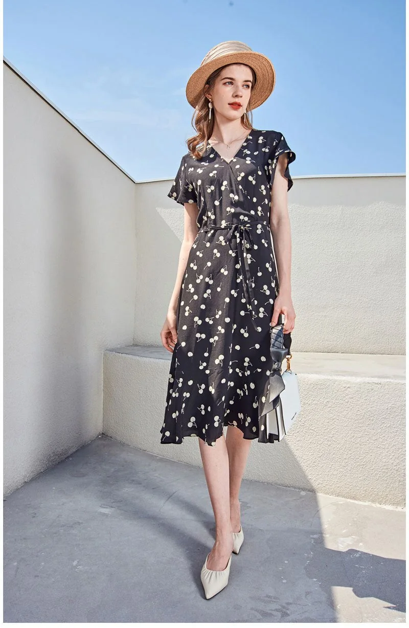 100% Silk Women's Dresses V Neck Short Sleeves Ruffles Printed Fashion Casual Summer Holiday Dresses - Image 7