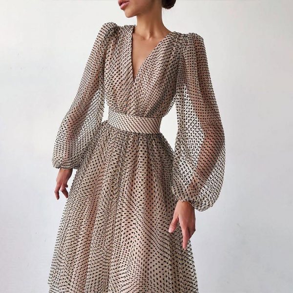 Polka Dot High Waist Midi Dresses Women V-Neck Sweet Long Puff Sleeve Elegant Dress Female 2021 Christmas Lady Party Vestidos - Takalr