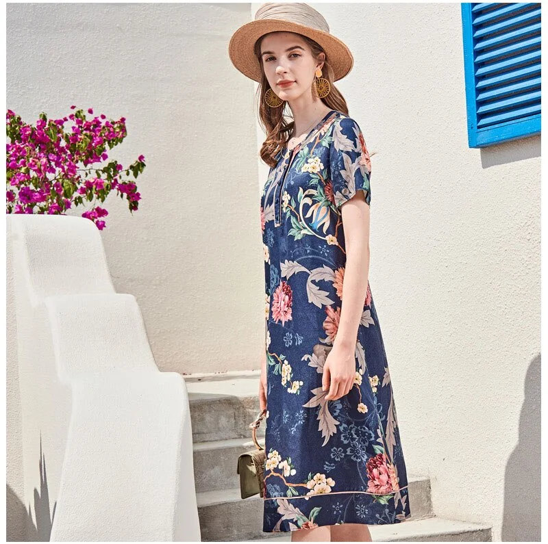 100% Silk Women's Runway Dresses O Neck Short Sleeves Floral Printed Fashion Short Summer Dresses - Image 2