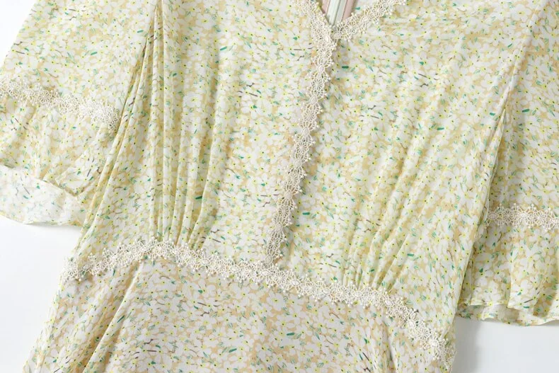 100% Natural Silk Women's Dresses Sexy V Neck Short Sleeves Printed Lace Piping Fashion Dress Vestidos - Image 10