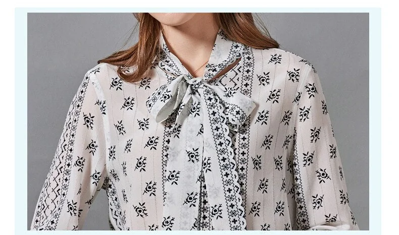 100% Natural Silk Women's Shirt Lace Bow Collar Long Sleeves Printed Fashion Blouse Floral Camisa - Image 8