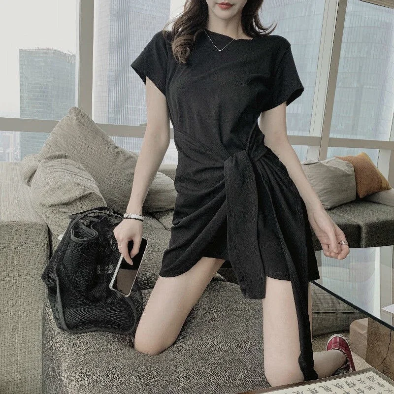 Sexy Solid Color Round Neck Cotton Belt Dress Women Summer High Waist A-line Party Nightclub Mini Dress Arrival - Image 7