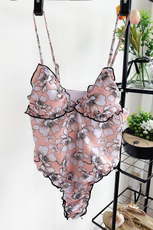 High Cut One Piece Swimsuits Lace Swimwear Women Floral Bathing Suit 2021 New Beachwear Summer Push Up Swim Suit - Takalr