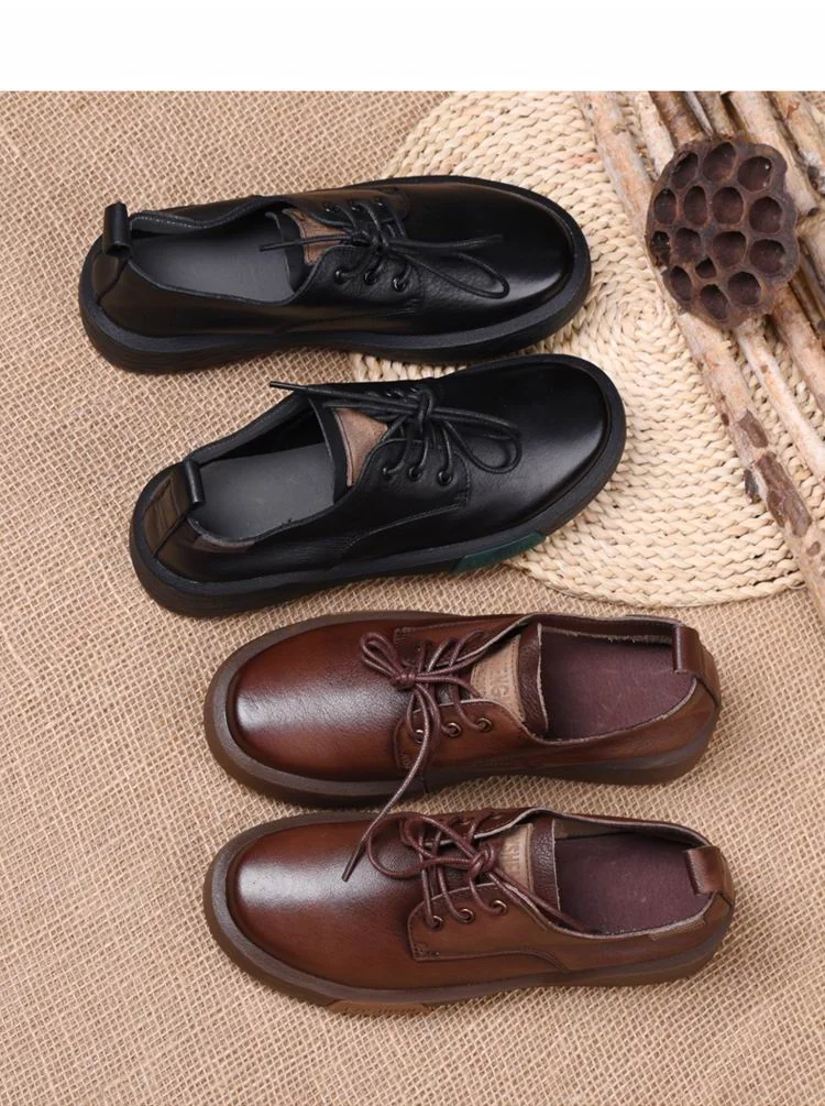 Sneakers Women Genuine Cow Leather Round Toe Lace-Up Ladies Retro Casual Flat Shoes Handmade Loafers - Image 9