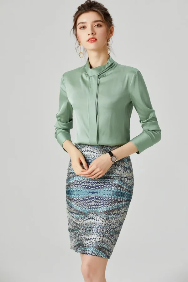 100% Heavy Silk Women's Shirt Stand Collar Long Sleeves  Color Block Elegant Casual High Quality Blouse Tops