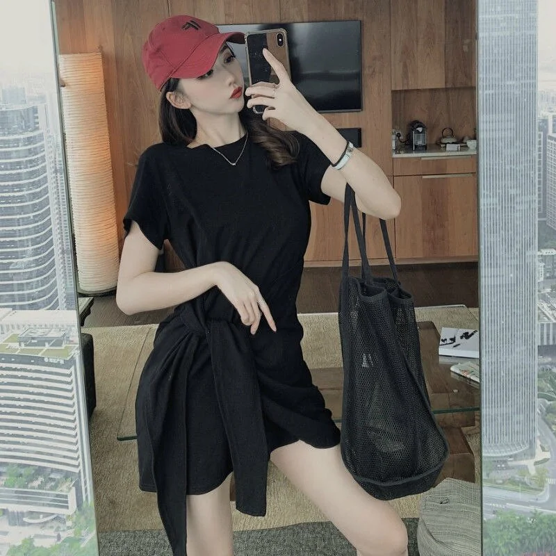 Sexy Solid Color Round Neck Cotton Belt Dress Women Summer High Waist A-line Party Nightclub Mini Dress Arrival - Image 5