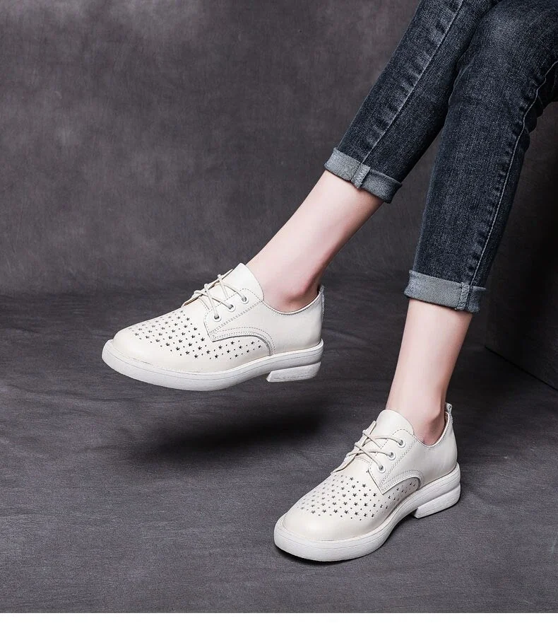 Women Flat Shoes Lace Up Moccasins Soft Genuine Leather Ladies Shoes Handmade Flats Hollow Casual Women Shoes - Image 5