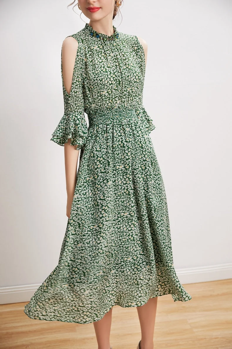 100% Silk Women's Dresses Stand Collar 3/4 Sleeves Off the Shoulder Printed Elgant Holiday Dress - Image 5