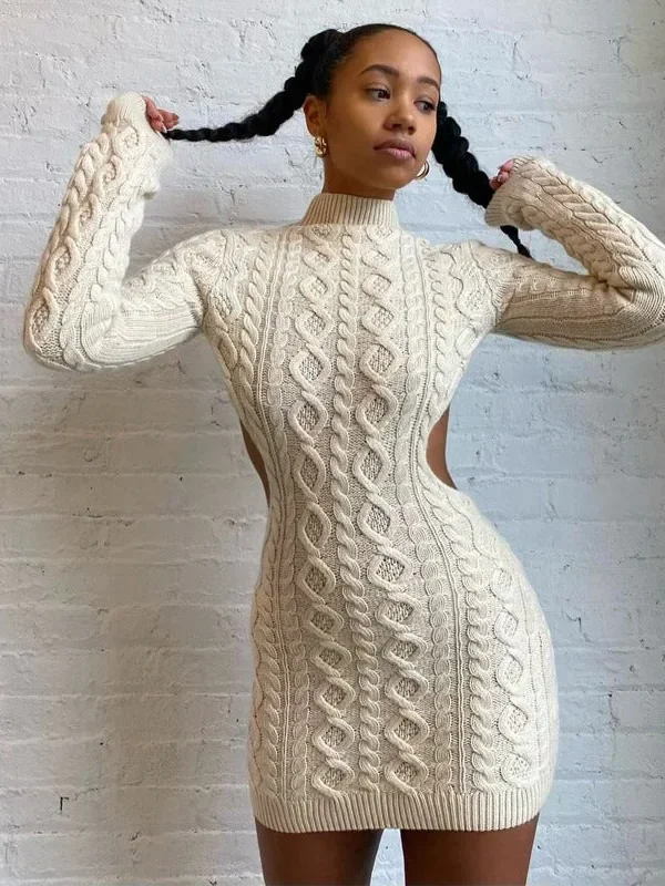 Sexy Knitted Sweater Dresses Fall Winter Clothes for Women  Open Back Long Sleeve Mini Bodycon Dress C71-HZ47