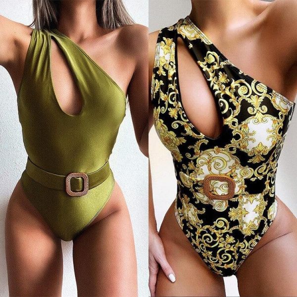 Sexy One Shoulder Printed  One Piece Swimsuit Women Swimwear Female With Belt Bather Bathing Suit Swim Lady - Takalr