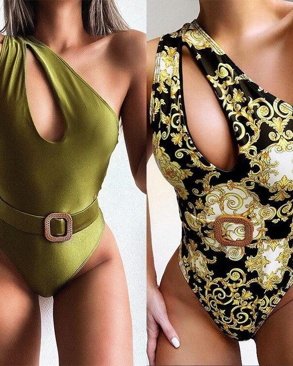 Sexy One Shoulder Printed  One Piece Swimsuit Women Swimwear Female With Belt Bather Bathing Suit Swim Lady - Takalr