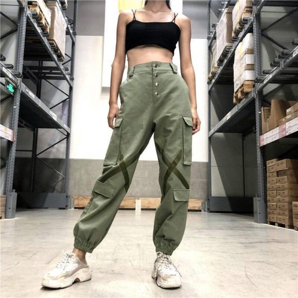 Big Pockets Hip Pop Streetwear Ribbon Cross Ladies Cargo Pants Women Casual Joggers High Waist Loose Female Buttons Trousers - Takalr