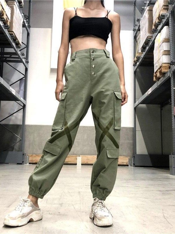 Big Pockets Hip Pop Streetwear Ribbon Cross Ladies Cargo Pants Women Casual Joggers High Waist Loose Female Buttons Trousers - Takalr