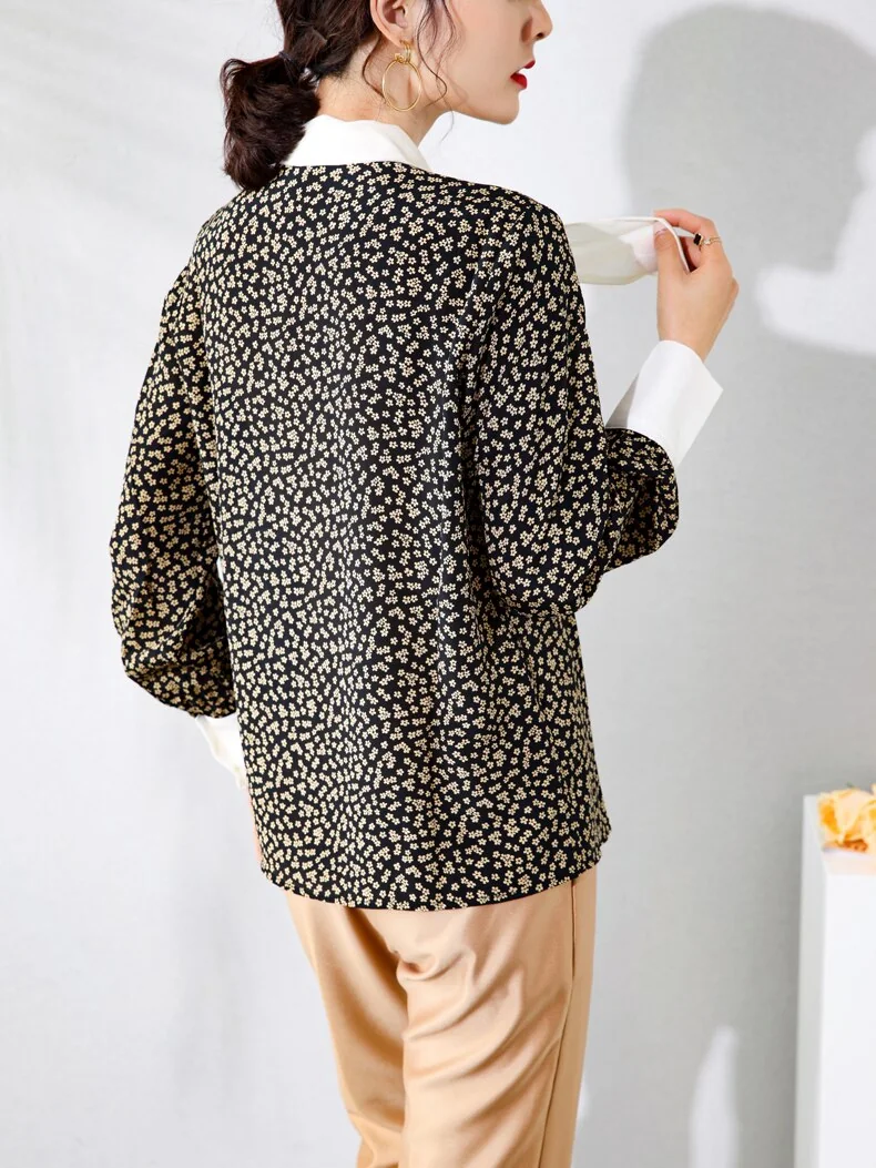 100% Silk Women's Shirt Lace Up Bow Collar Ruffles Long Sleeves Printed Fashion Casual Blouse Tops - Image 8