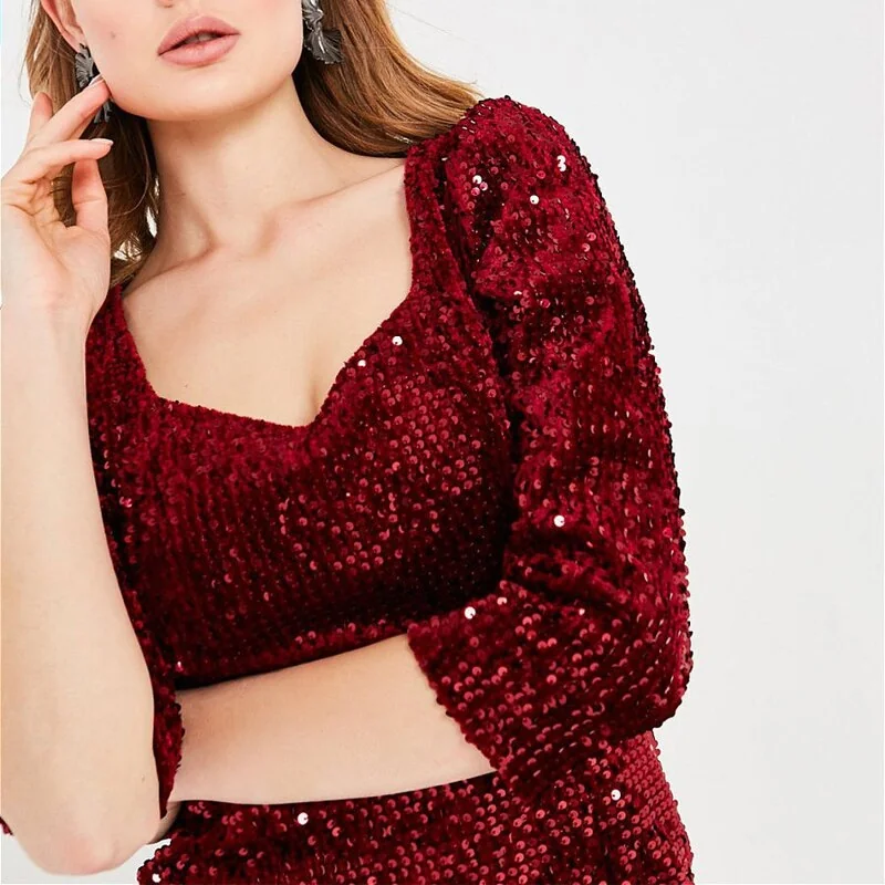 Sexy Square Collar Three Quarter Sleeve Sequin Mini Dress Female High Waist Party Club Sheath Bodycon Dress New - Image 4