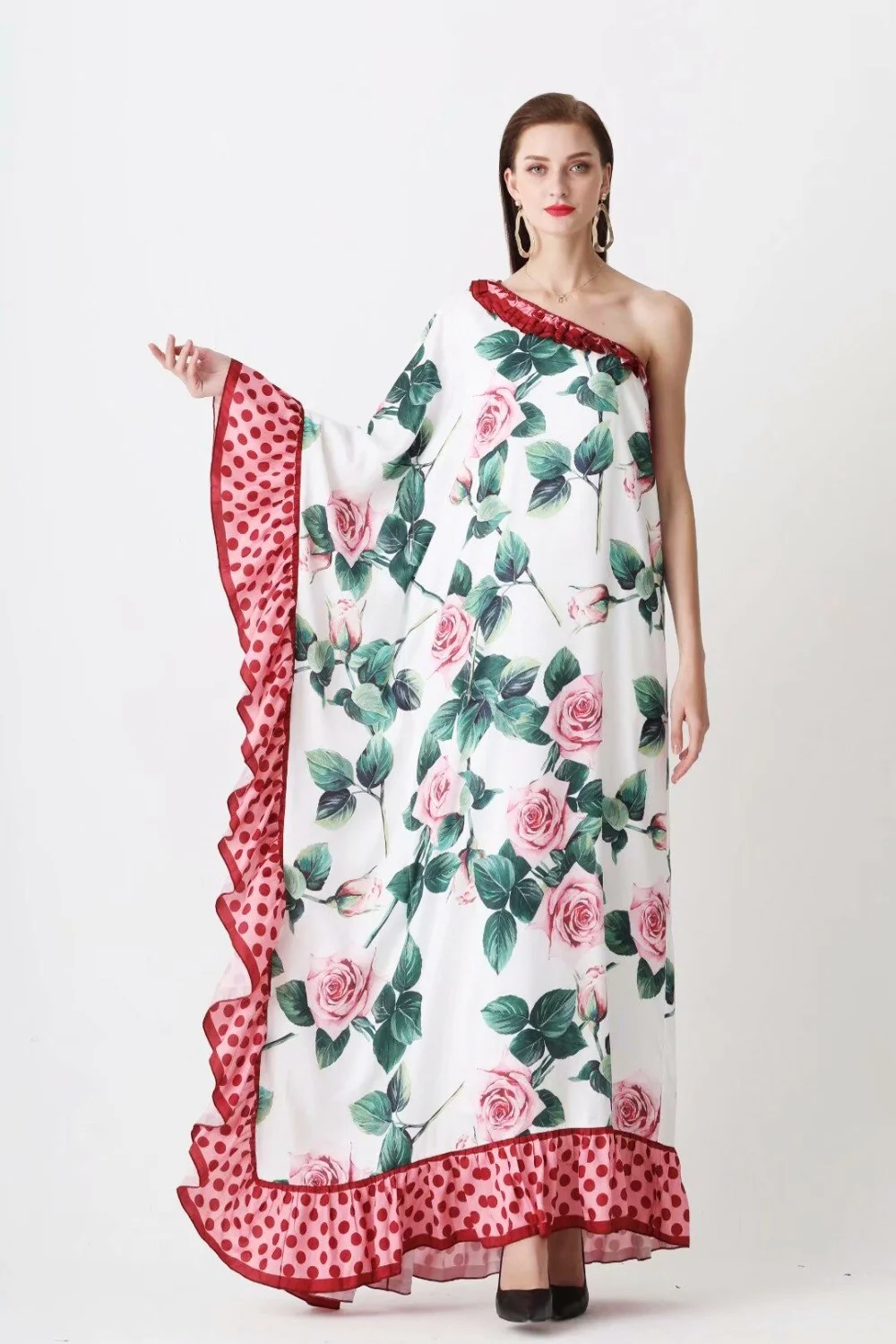 Women's Runway Dresses Sexy One Shoulder Ruffles Floral Printed Sash Belt Loose Design Fashion Long Maxi Bohemian Dresses - Image 2