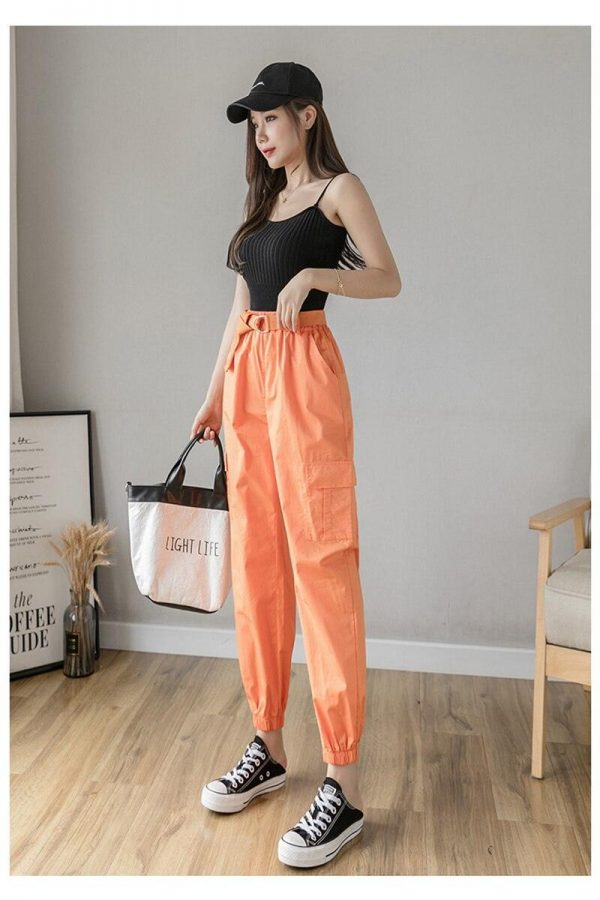 High Waist  Women's Looses Cargo Pants With belt nine-point harem pants Colorfur  high waist pants sashes pockets office pants - Takalr