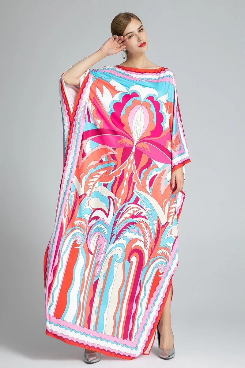 Women's Runway Dresses Slash Neckline Long Batwing Sleeves Printed Loose Design Knitted Elegant Causal Long Dresses Robes - Image 5