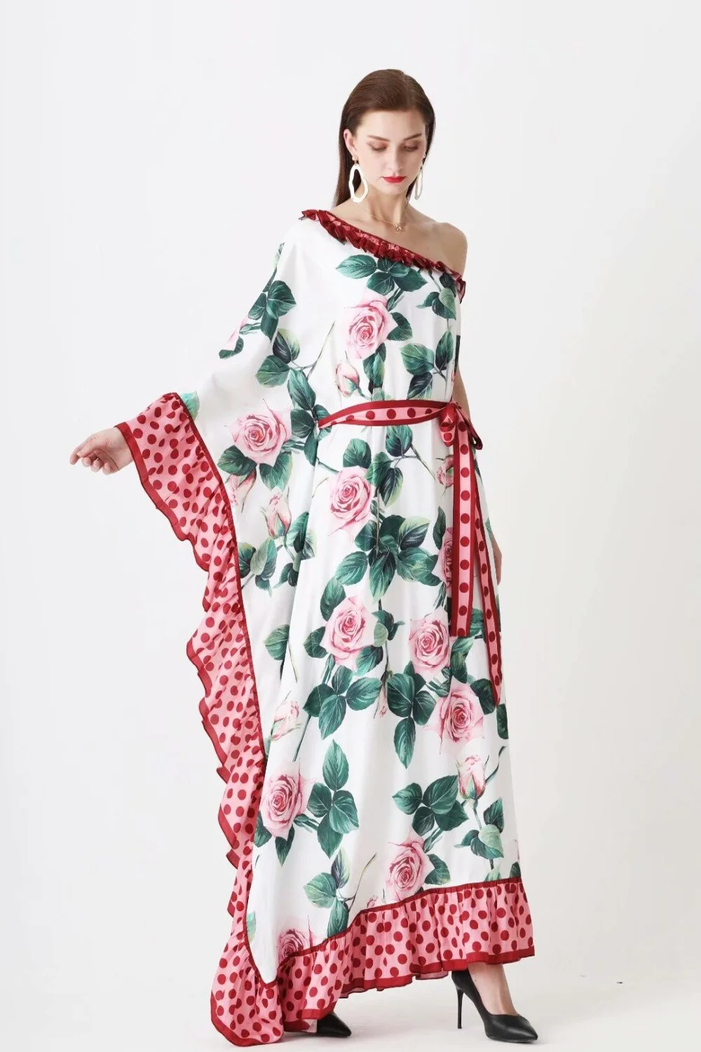 Women's Runway Dresses Sexy One Shoulder Ruffles Floral Printed Sash Belt Loose Design Fashion Long Maxi Bohemian Dresses - Image 3