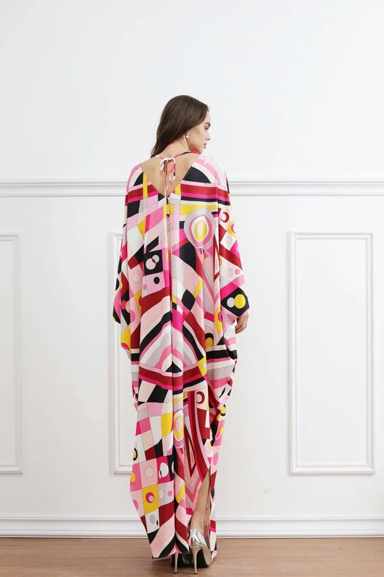 Women's Runway Dresses O Neck Batwing Sleeves Printed Lace Up Elegant Long Spring Robes Dresses Vestidos - Image 8