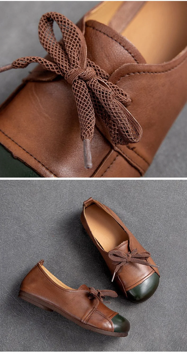 Flats Women Shoes Mixed Colors Genuine Leather Lace-Up Retro Round Toe Shallow Concise Handmade Ladies Shoes - Image 10