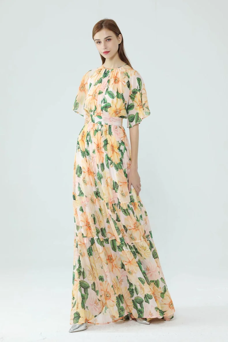 Women's Runway Dresses O Neck Short Sleeves Floarl Printed Ruffles High Street Fashion Long Maxi Dresses with Plus Sizes - Image 3