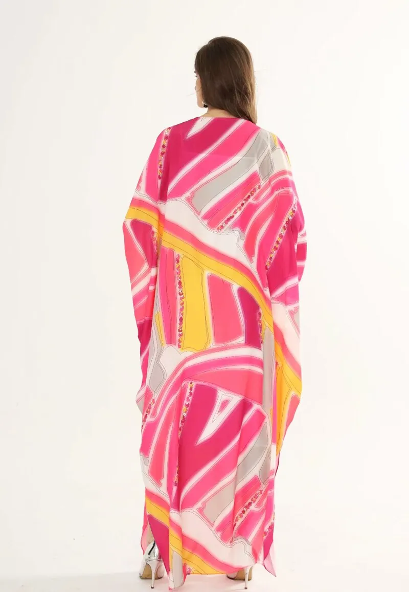 Women's Runway Dresses O Neck Lace Up Collar Printed Loose Design Fashion Batwing Sleeves Maxi Robe Long Dresses - Image 7