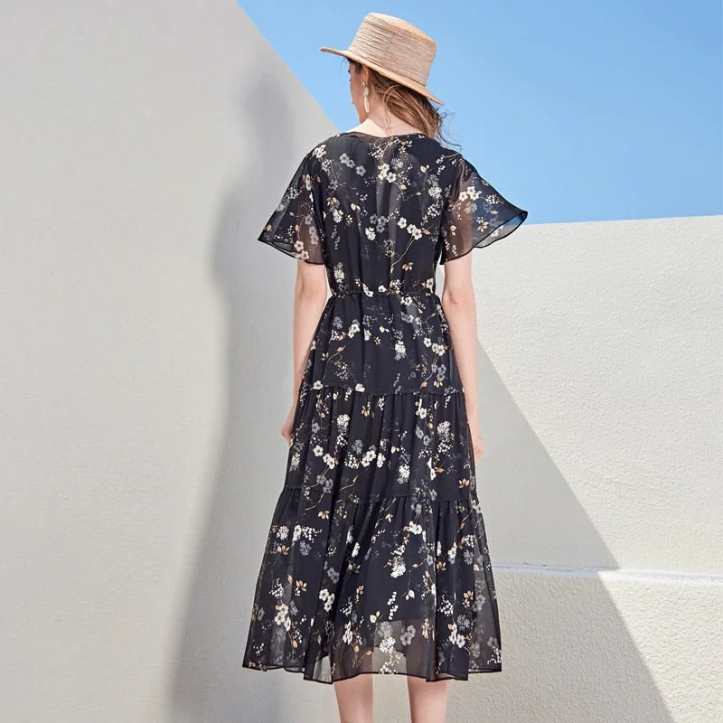 100% Silk Women's Runway Dresses Sexy V Neck Flare Short Sleeves Printed Tiered Ruffles Fashion Summer Holiday Dresses - Image 6