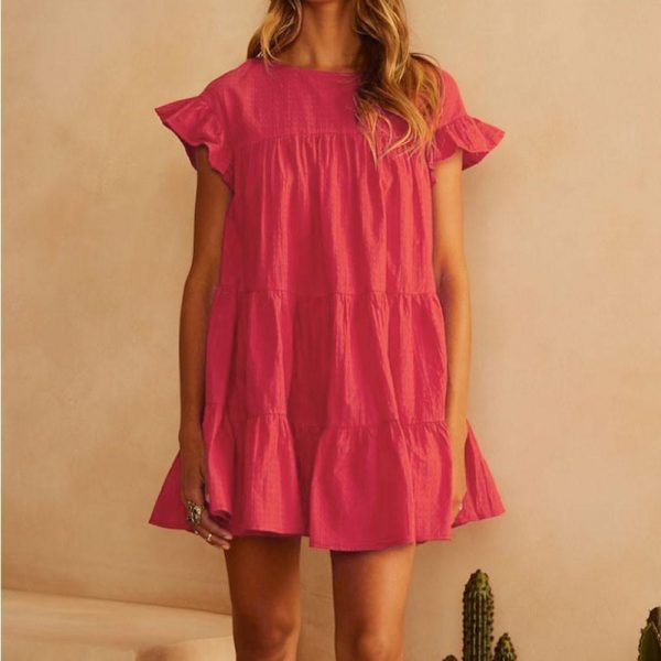 Women Casual Ruffle O Neck Short Sleeve Dress - Takalr