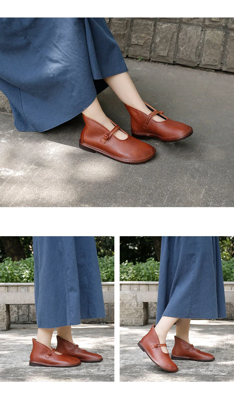 Flats Women Shoes Autumn Retro Buckle Strap Round Toe Genuine Leather Sewing Handmade Casual Ladies Shoes - Image 8
