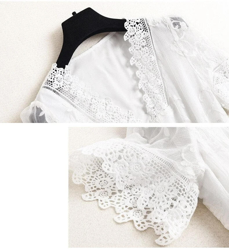 100% Natural Silk Women's Dresses V Neck Short Sleeves Embroidery Lace Up Elegant Summer Dress Vestidos - Image 4