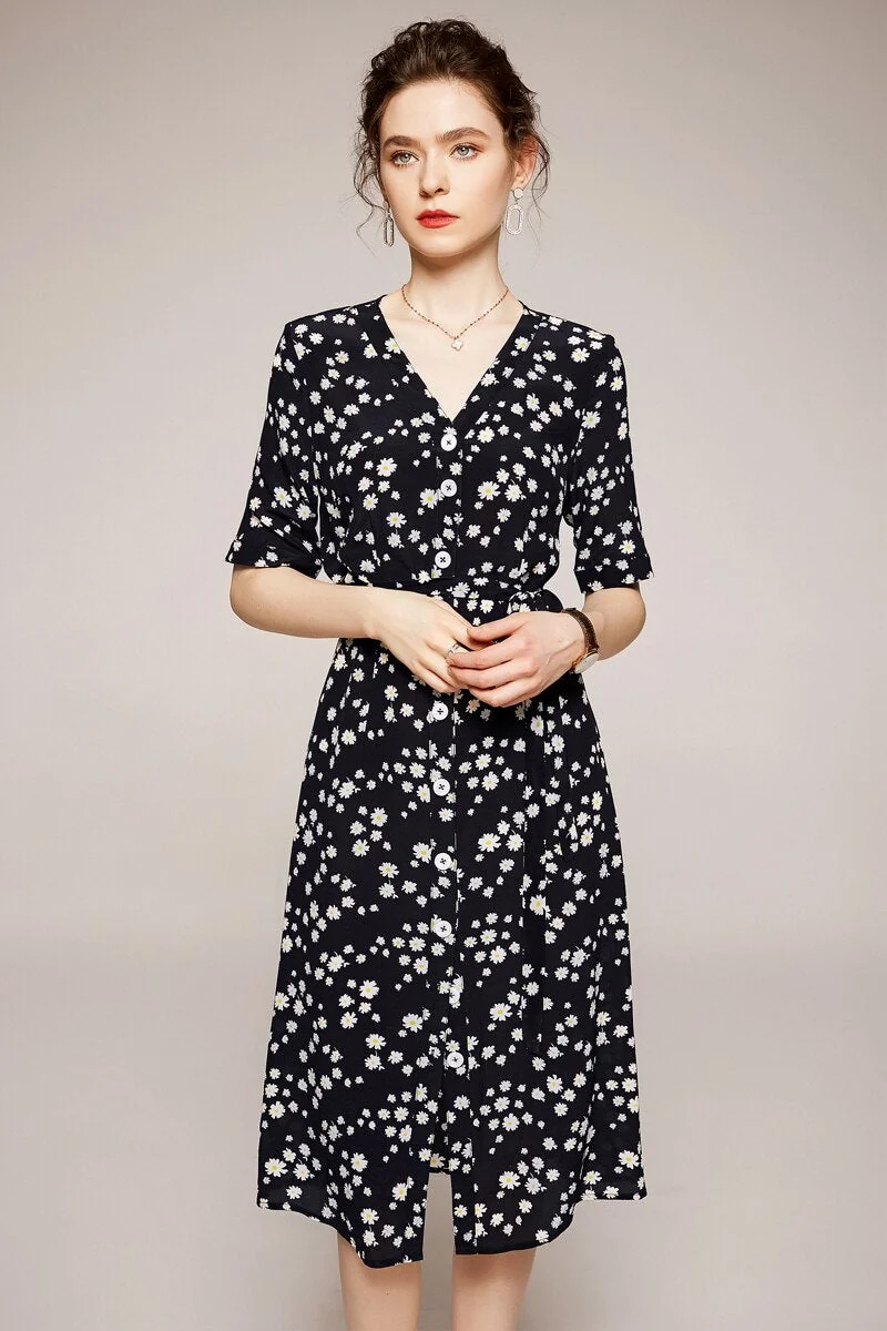 100% Silk Women's Runway Dress Sexy V Neck Short Sleeves Floral Printed Lace Up Fashion Casual Summer Dresses - Image 3