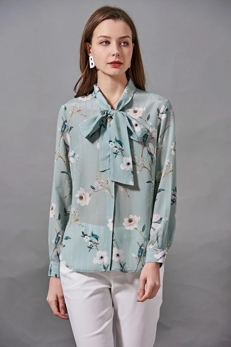 100% Silk Women's Shirt Bow Collar Lace Up Floral Printed Elegant High Street Blouse Camisa Tops - Image 2
