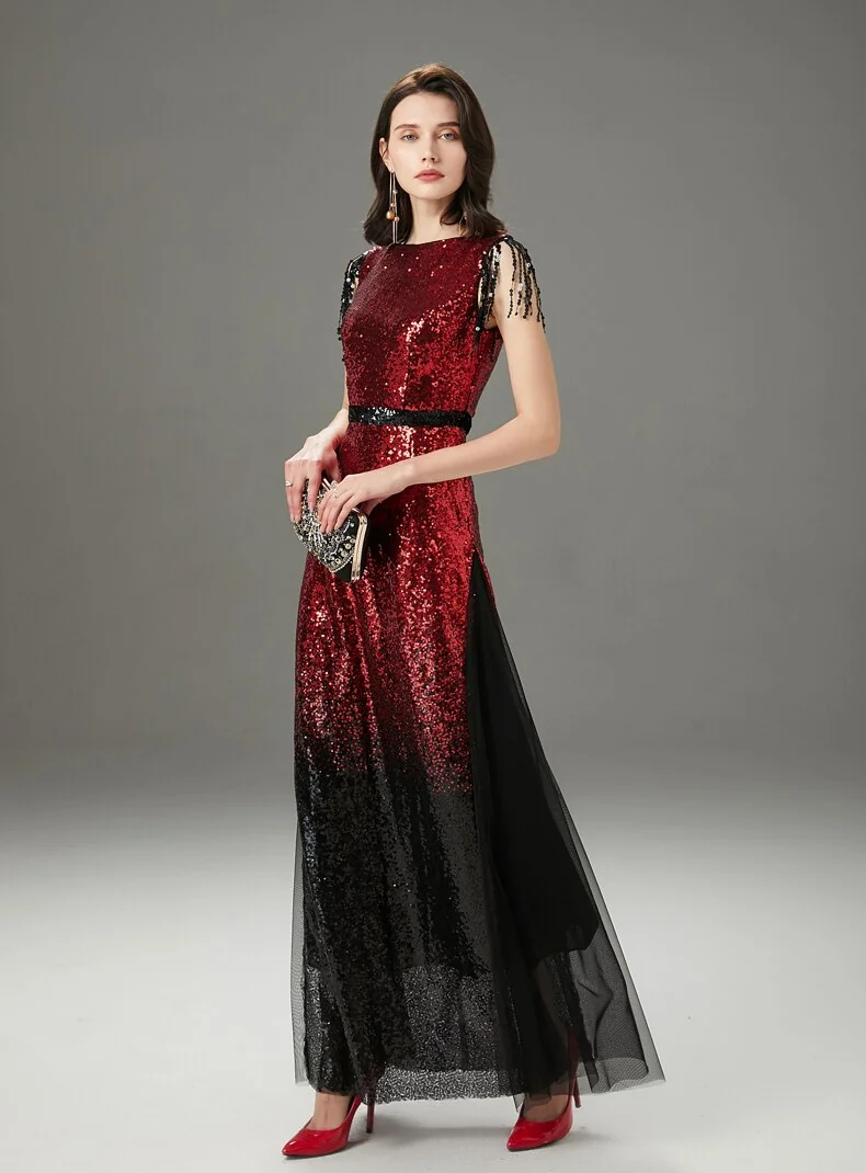 Women's Runway Dresses O Neck Sleeveless Sequined Tassels Color Block Layered Elegant Party Prom Dresses - Image 2