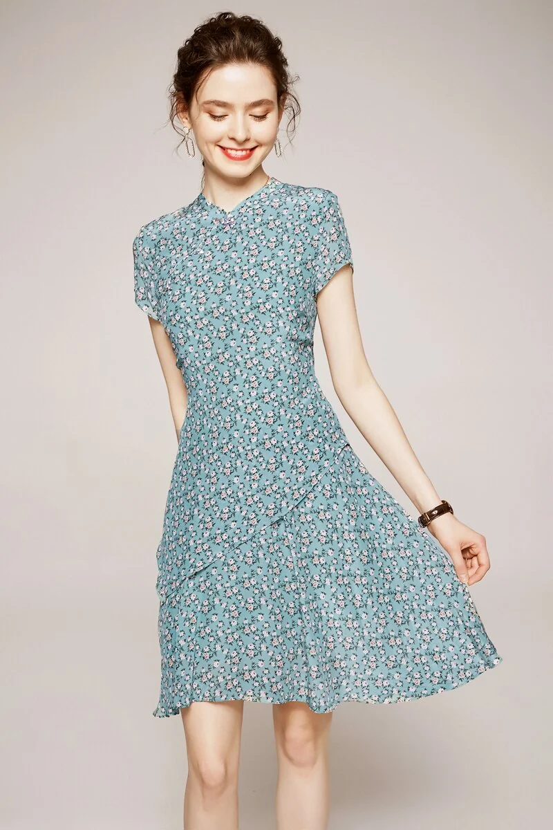 100% Silk Women's Dresses Stand Collar Short Sleeves Printed Floral Asymmetrical Elegant Fashion Dresses - Image 6