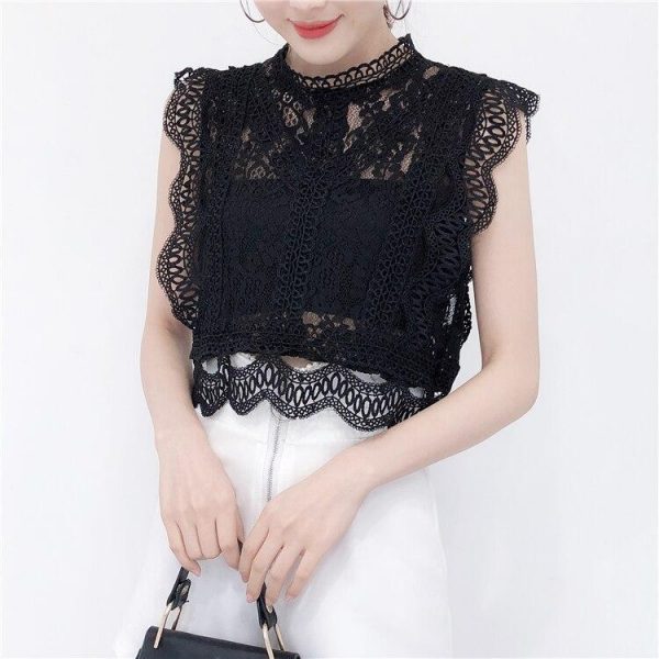 Summer new women's fresh temperament openwork lace top women's solid color wild vest women - Takalr