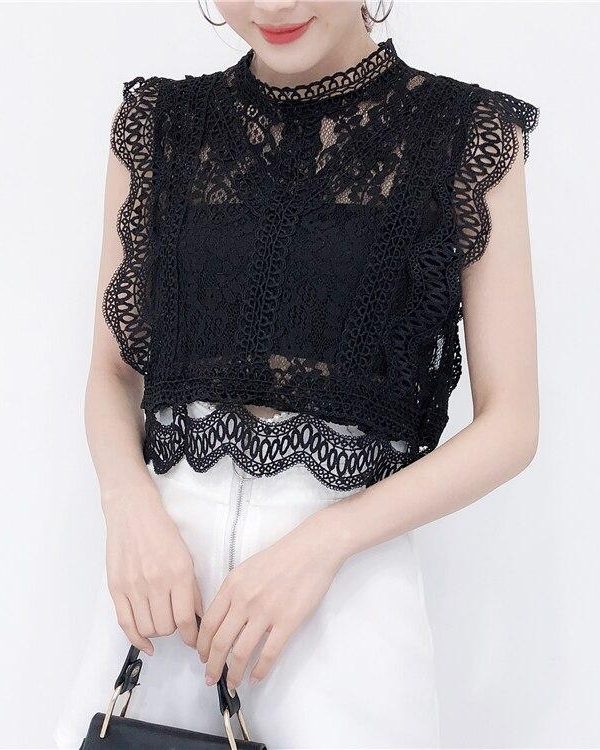 Summer new women's fresh temperament openwork lace top women's solid color wild vest women - Takalr