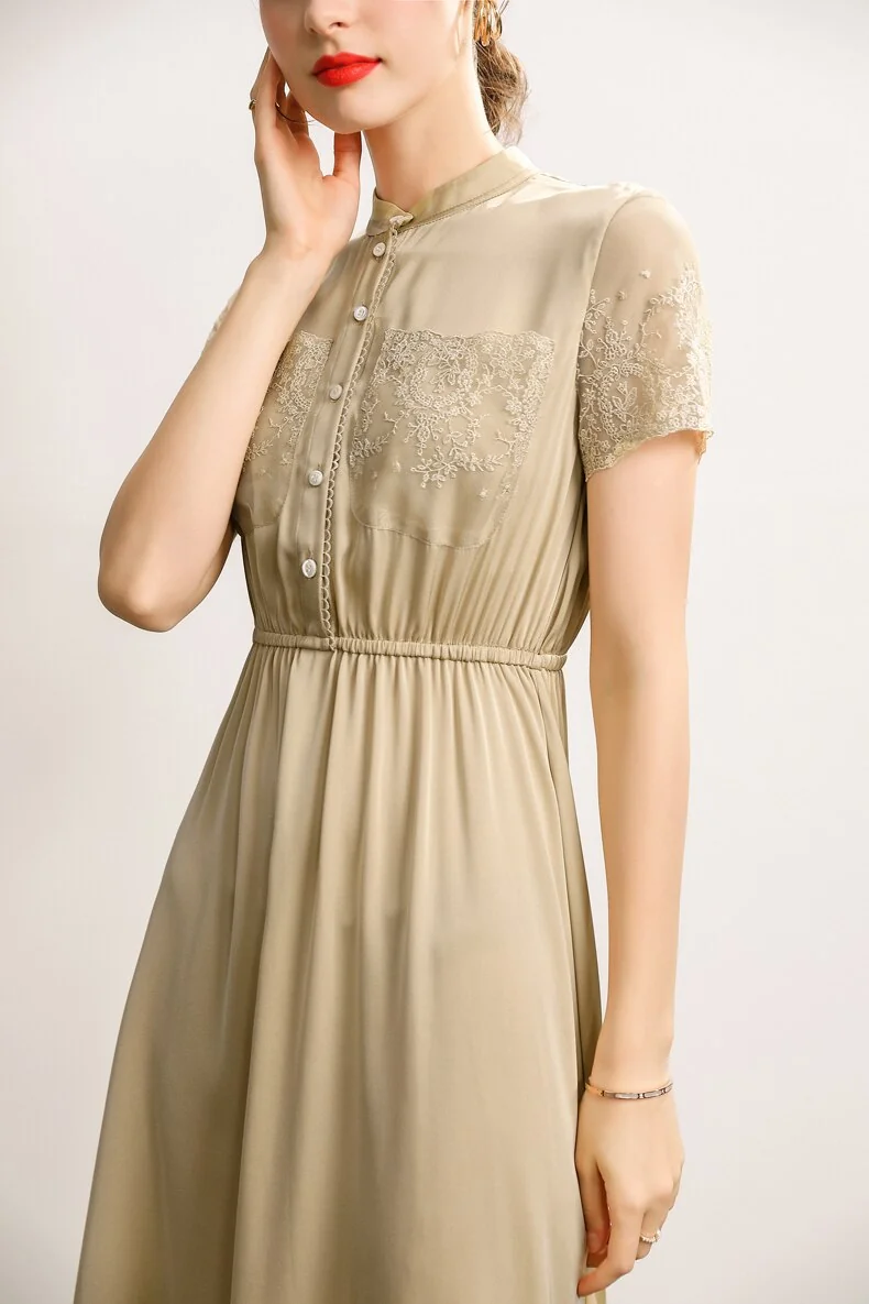 93.3% Silk 7.7% Spandex Women's Dresses O Neck Short Sleeves Embroidery Elastic Waist Elegant Summer Dress Vestidos - Image 6