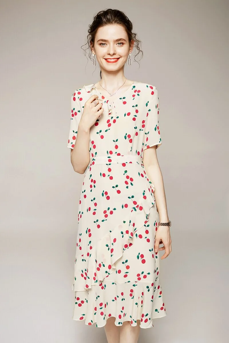 100% Silk Women's Runway Dresses V Neck Short Sleeves Ruffles High Street Printed Fashion Casual Summer Dresses - Image 2