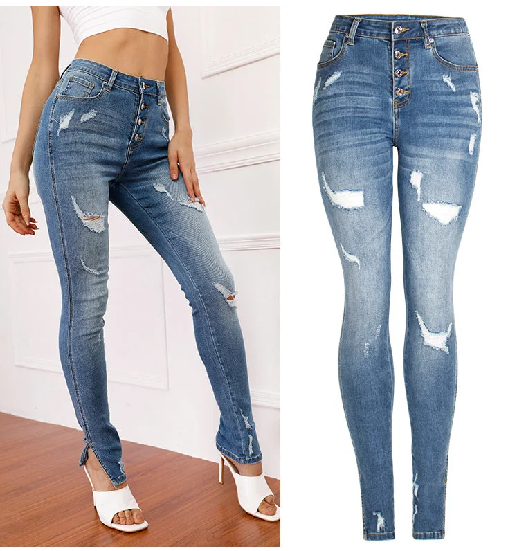 Ripped Mid-waist Stretch Jeans Women's Trousers Pencil Pants Split Hem Destroy Jeans